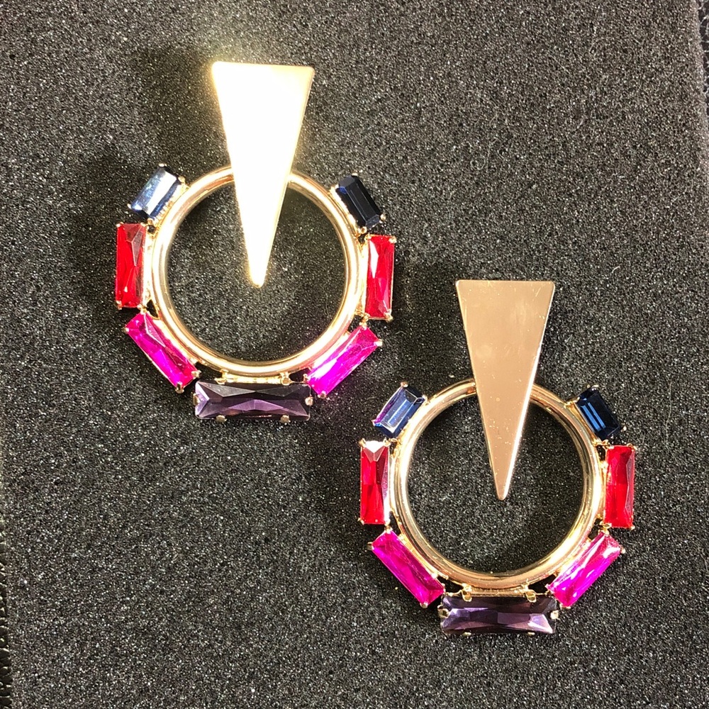 80s New Wave Rhinestone Statement Earrings • Gold Tone Pink Red Purple
